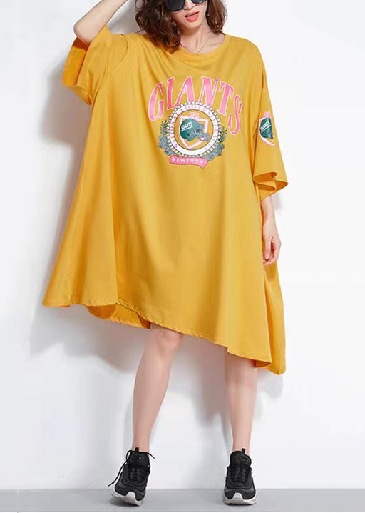 Women Yellow O Neck Print Patchwork Cotton Mid Dress Summer