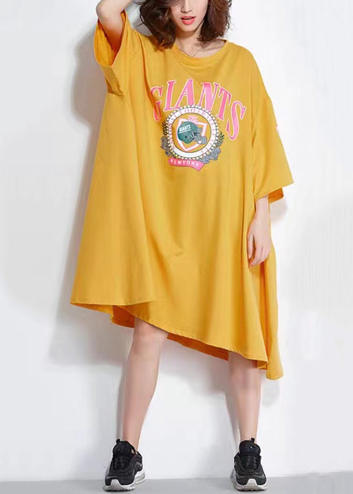 Women Yellow O Neck Print Patchwork Cotton Mid Dress Summer