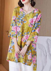Women Yellow O Neck Print Side Open Patchwork Linen Shirt Tops Summer
