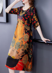 Women Yellow O-Neck Print Silk Women's Dress Half Sleeve