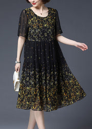 Frauen Gelb O-Neck Print zerknittertes Chiffon-Kleid Kurzarm
