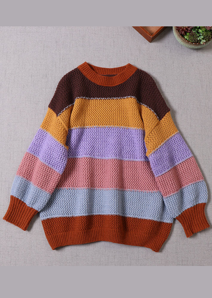 Women Yellow O-Neck Striped Knit Pullover Spring
