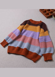 Women Yellow O-Neck Striped Knit Pullover Spring