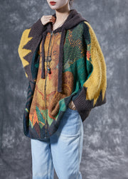 Women Yellow Oversized Bear Print Rabbit Hair Knit Coats Winter