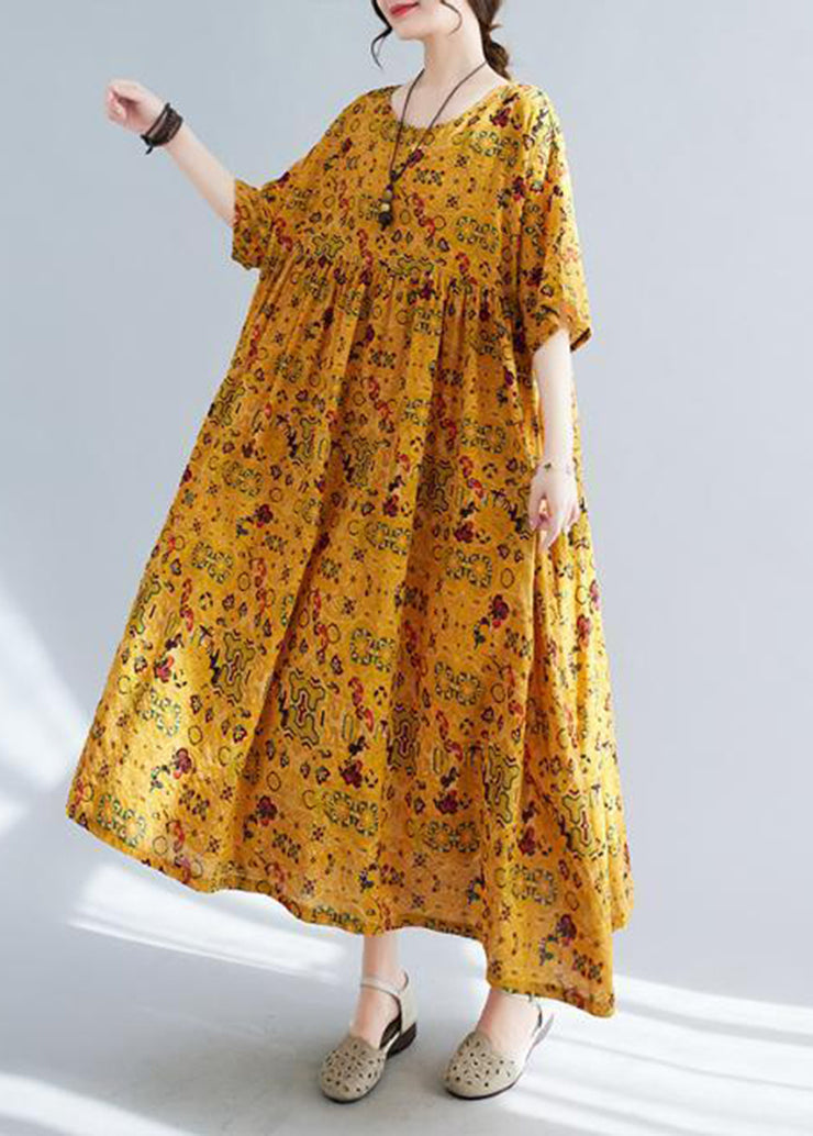 Women Yellow Oversized Print Linen Long Dress Summer