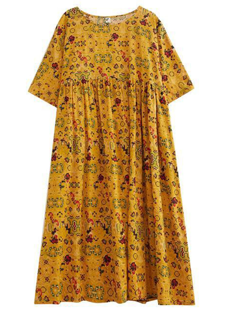Women Yellow Oversized Print Linen Long Dress Summer