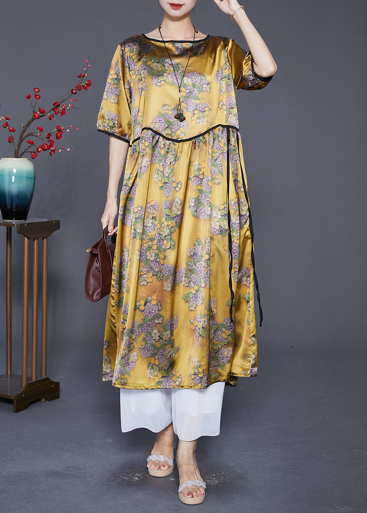 Women Yellow Oversized Print Silk Long Dresses Summer