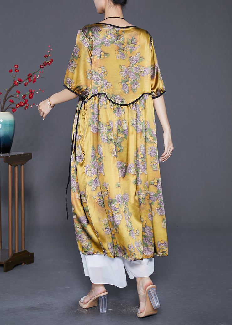Women Yellow Oversized Print Silk Long Dresses Summer