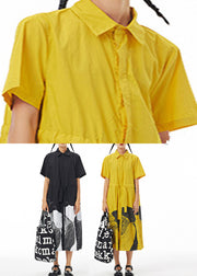 Women Yellow Patchwork Button Cotton Vacation Maxi Shirt Dresses Summer