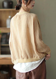 Women Yellow Patchwork Pockets Fall Button Long Sleeve Shirt Tops - SooLinen