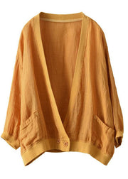 Women Yellow Patchwork Pockets Fall Button Long Sleeve Shirt Tops - SooLinen