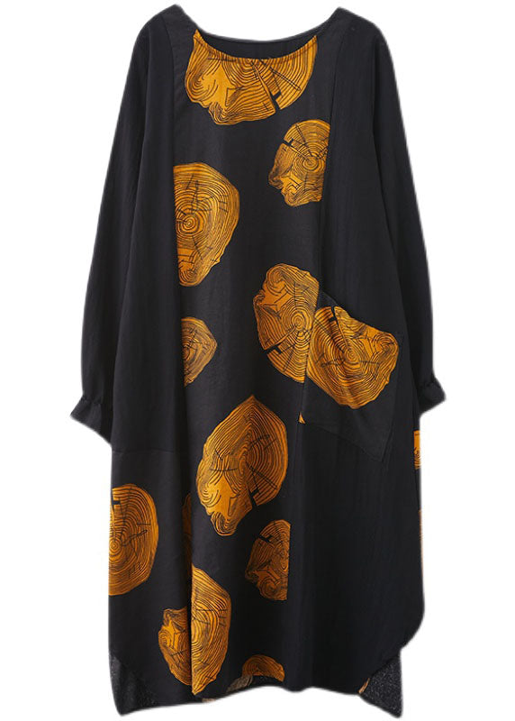 Frauen Gelb Patchwork Taschen Print Herbstkleid Langarm