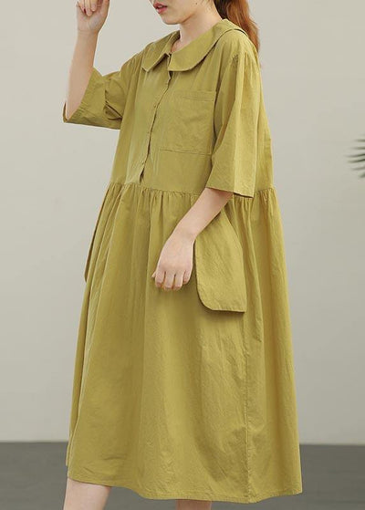 Women Yellow Peter Pan Collar Button Pockets Long Dresses Summer Cotton - SooLinen