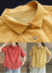 Women Yellow Peter Pan Collar Ruffled Patchwork Cotton Blouses Summer