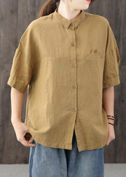 Women Yellow Peter Pan Collar asymmetrical design Cotton Linen Shirts Summer - SooLinen