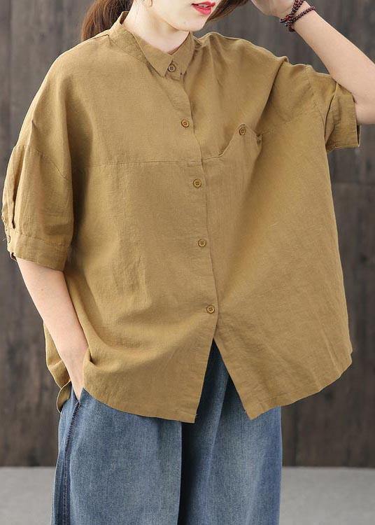 Women Yellow Peter Pan Collar asymmetrical design Cotton Linen Shirts Summer - SooLinen