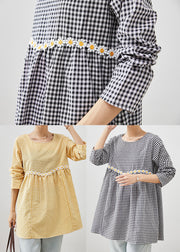 Women Yellow Plaid Patchwork Daisy Cotton Blouses Fall
