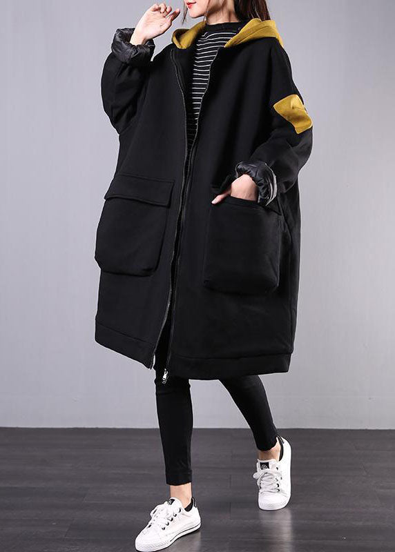 Women Yellow Pockets Patchwork Thick Hooded Parka Long Sleeve