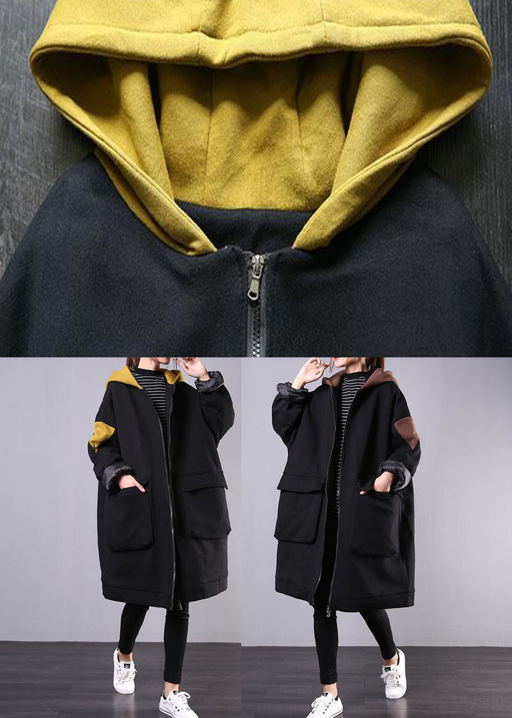 Women Yellow Pockets Patchwork Thick Hooded Parka Long Sleeve