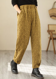 Women Yellow Pockets Plaid Patchwork Fleece Pants Winter