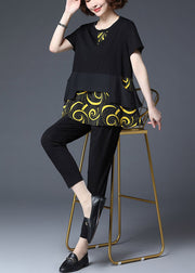Women Yellow Print Asymmetrical Patchwork Cotton Tops And Crop Pants Two Piece Set Summer