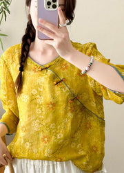 Women Yellow Print Chinese Button Linen Tops Fall