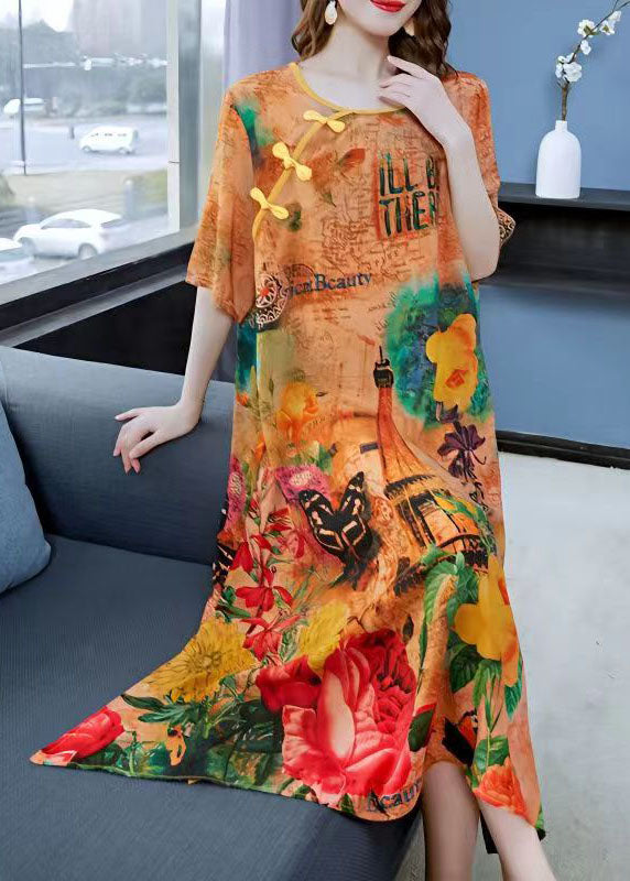 Women Yellow Print Chinese Button Patchwork Silk Dress Summer
