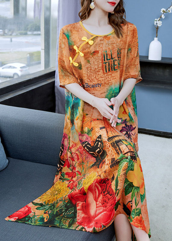 Women Yellow Print Chinese Button Patchwork Silk Dress Summer