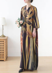 Women Yellow Print Pockets Summer Chiffon Dress - SooLinen