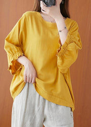 Women Yellow Ruffled Cotton Summer Shirt Top - SooLinen