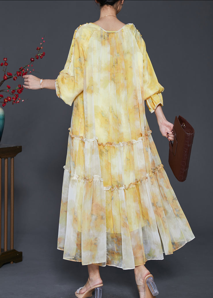 Women Yellow Ruffled Tie Dye Chiffon Maxi Dress Spring