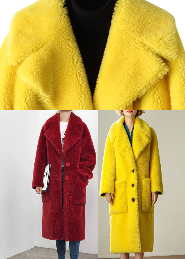 Women Yellow Sailor Collar Pockets Loose Wool Coats Long Sleeve