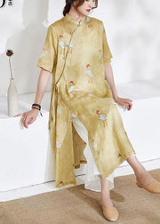 Women Yellow Side Open Print Summer Ramie long shirts - SooLinen