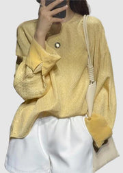 Women Yellow Solid O-Neck Cotton Tops Long Sleeve