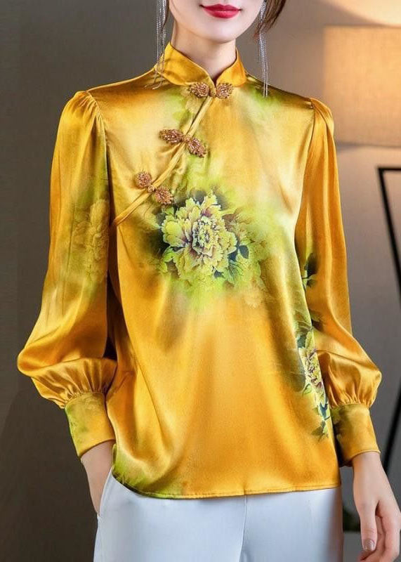 Women Yellow Stand Collar Oriental Button Print Patchwork Silk Tops Spring