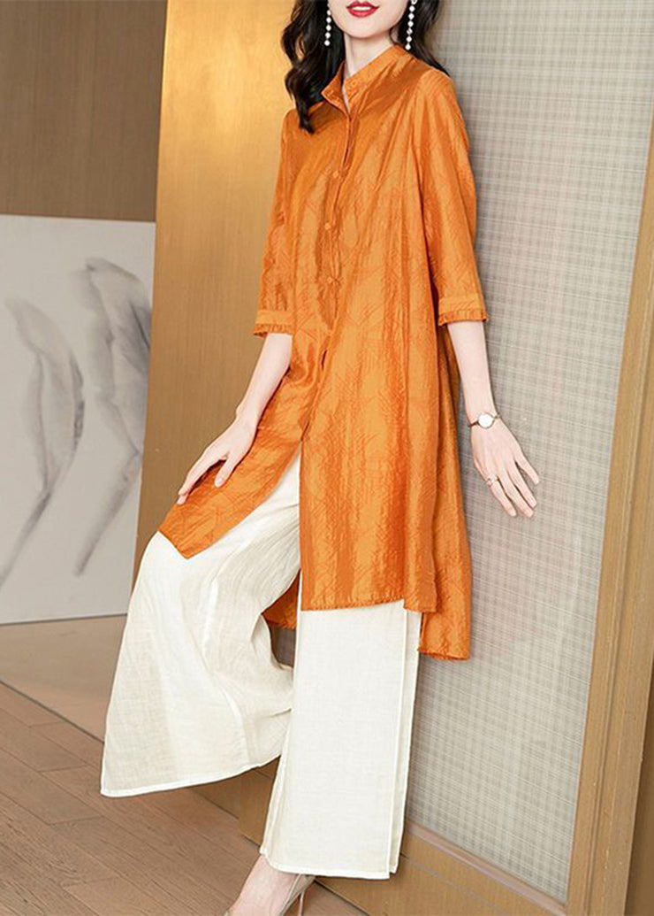 Women Yellow Stand Collar Oversized Silk Two Pieces Set Summer