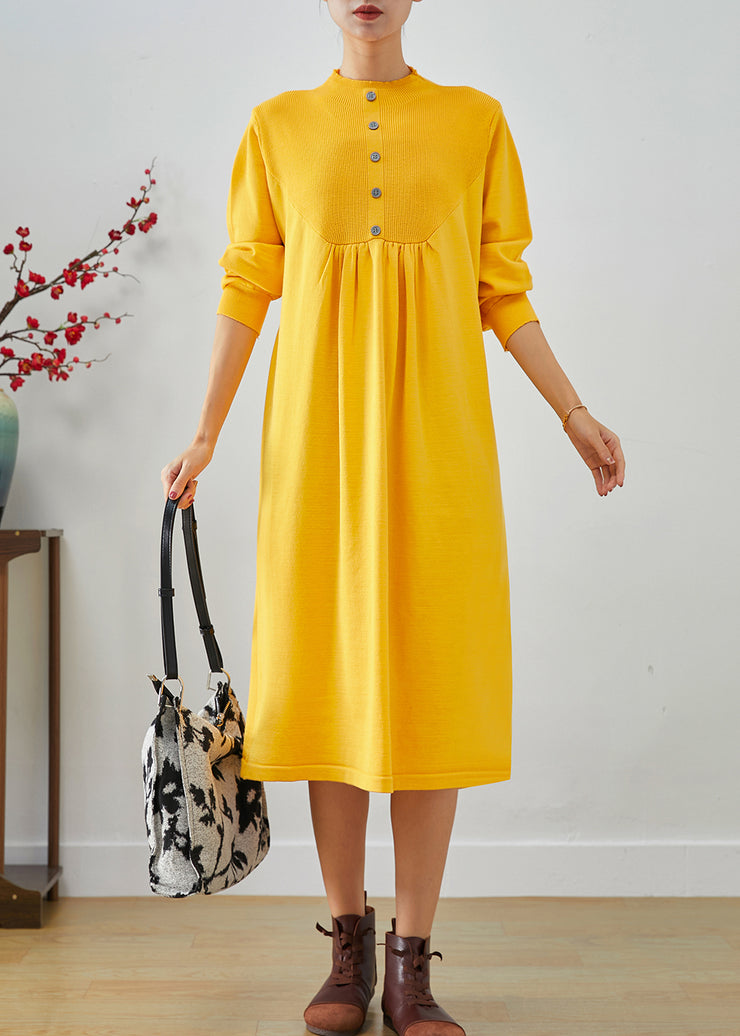Women Yellow Stand Collar Patchwork Button Knit Sweater Dress Fall