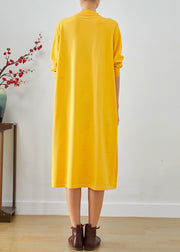 Women Yellow Stand Collar Patchwork Button Knit Sweater Dress Fall