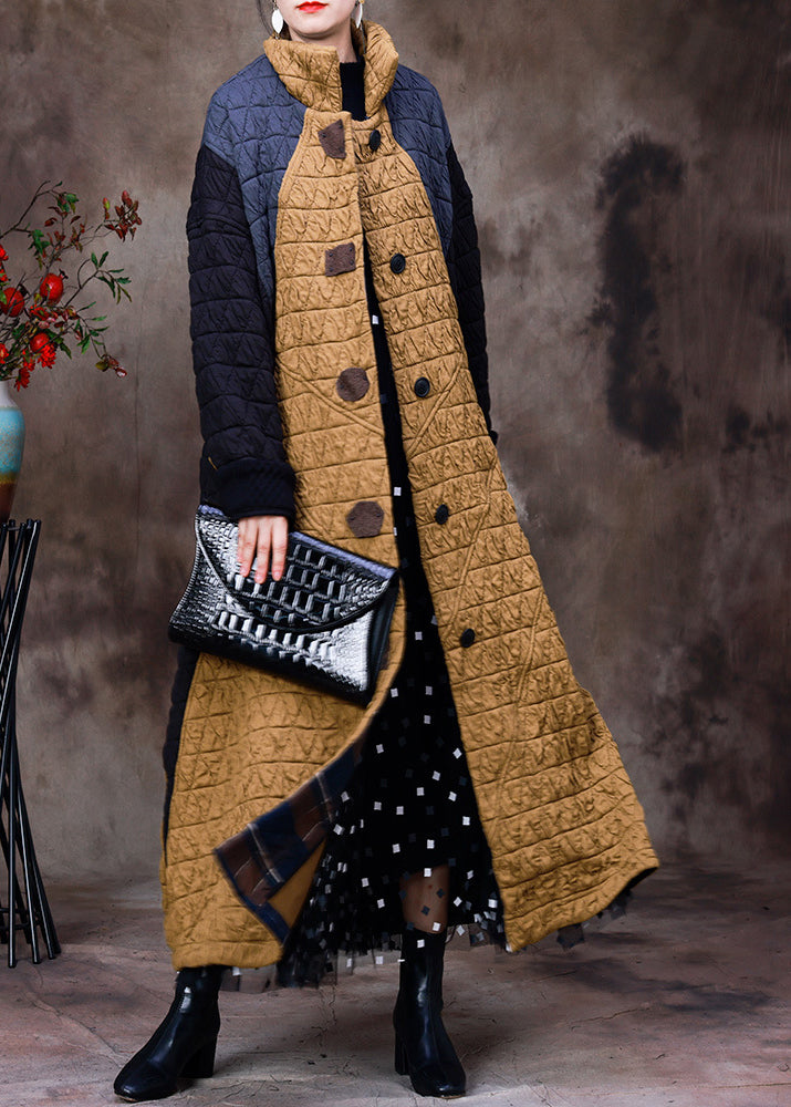 Women Yellow Stand Collar Patchwork Button Removable Cotton Maxi Coats Long Sleeve