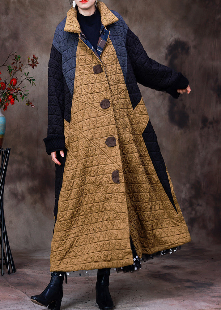 Women Yellow Stand Collar Patchwork Button Removable Cotton Maxi Coats Long Sleeve