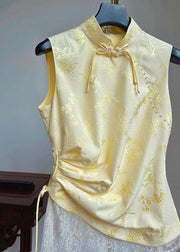 Women Yellow Stand Collar Print Drawstring Silk Waistcoat Sleeveless