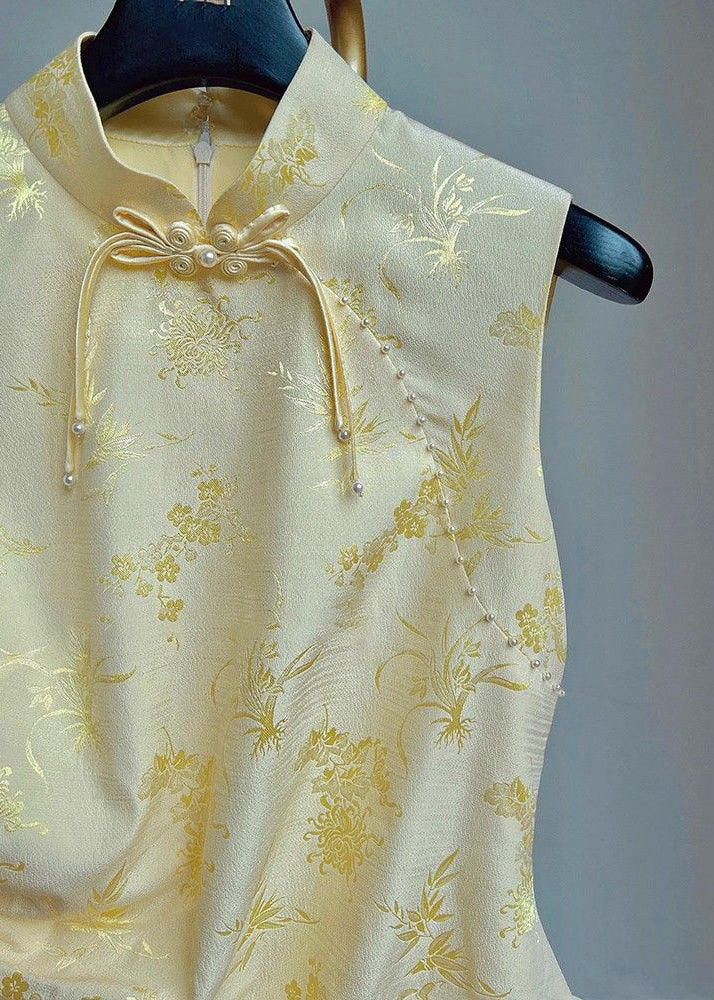 Women Yellow Stand Collar Print Drawstring Silk Waistcoat Sleeveless