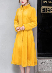 Women Yellow Stand Collar Silm Fit Faux Fur Trench Winter