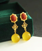 Women Yellow Sterling Silver Overgild Agate Beeswax Drop Earrings