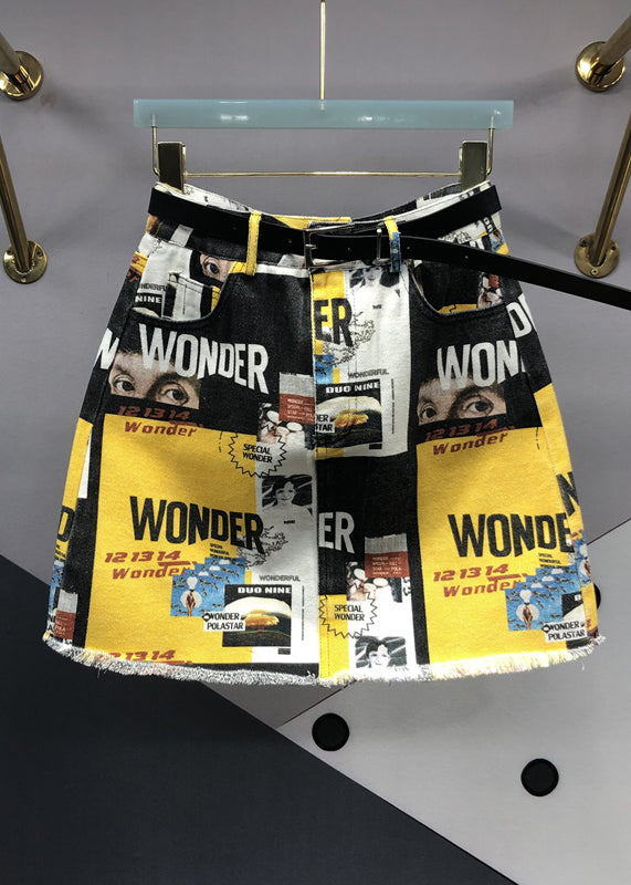 Women Yellow Street Graphic Pockets Patchwork Denim Skirt Summer