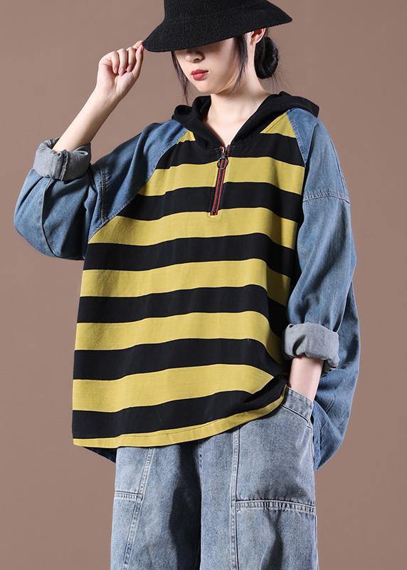 Women Yellow Striped Beautiful Asymmetrical Design Boho Autumn Fashion Ideas Tops - SooLinen