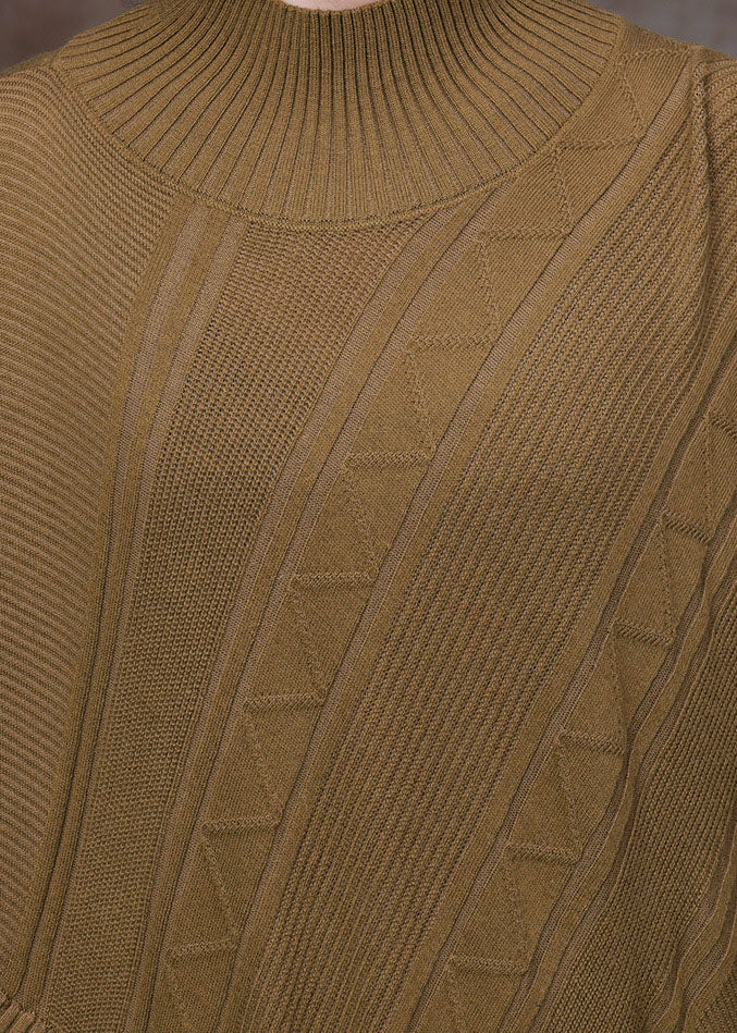 Women Yellow Turtle Neck Asymmetrical Side Open Knit Long Sweater Winter