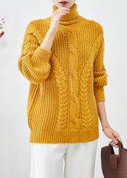 Women Yellow Turtle Neck Thick Cable Knit Short Sweater Fall