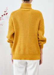 Women Yellow Turtle Neck Thick Cable Knit Short Sweater Fall