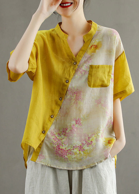 Women Yellow V Neck Asymmetrical Print Blouse Tops Short Sleeve